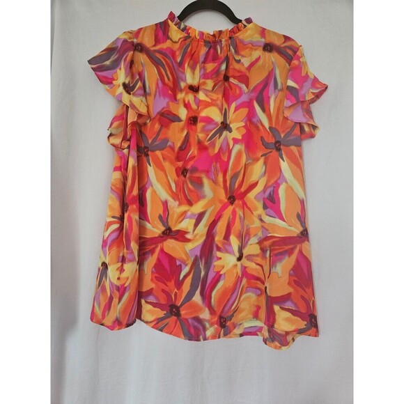 Cynthia Rowley Size 1X Floral Orange Red Top Blouse Lightweight Ruffle Tie Short - Picture 4 of 8
